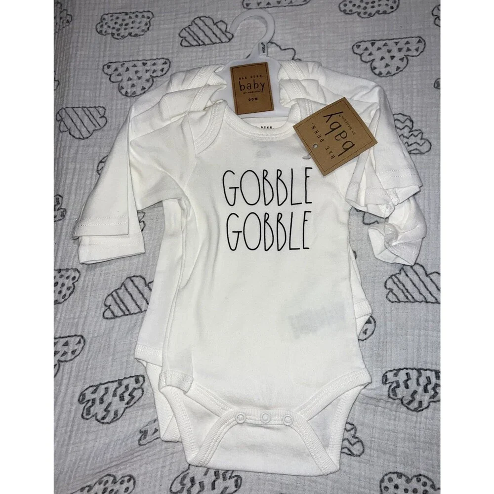 Rae Dunn NWT Baby Clothes 0-3 Months 3 Pack Bodysuits Gobble, Thankful, Blessed.